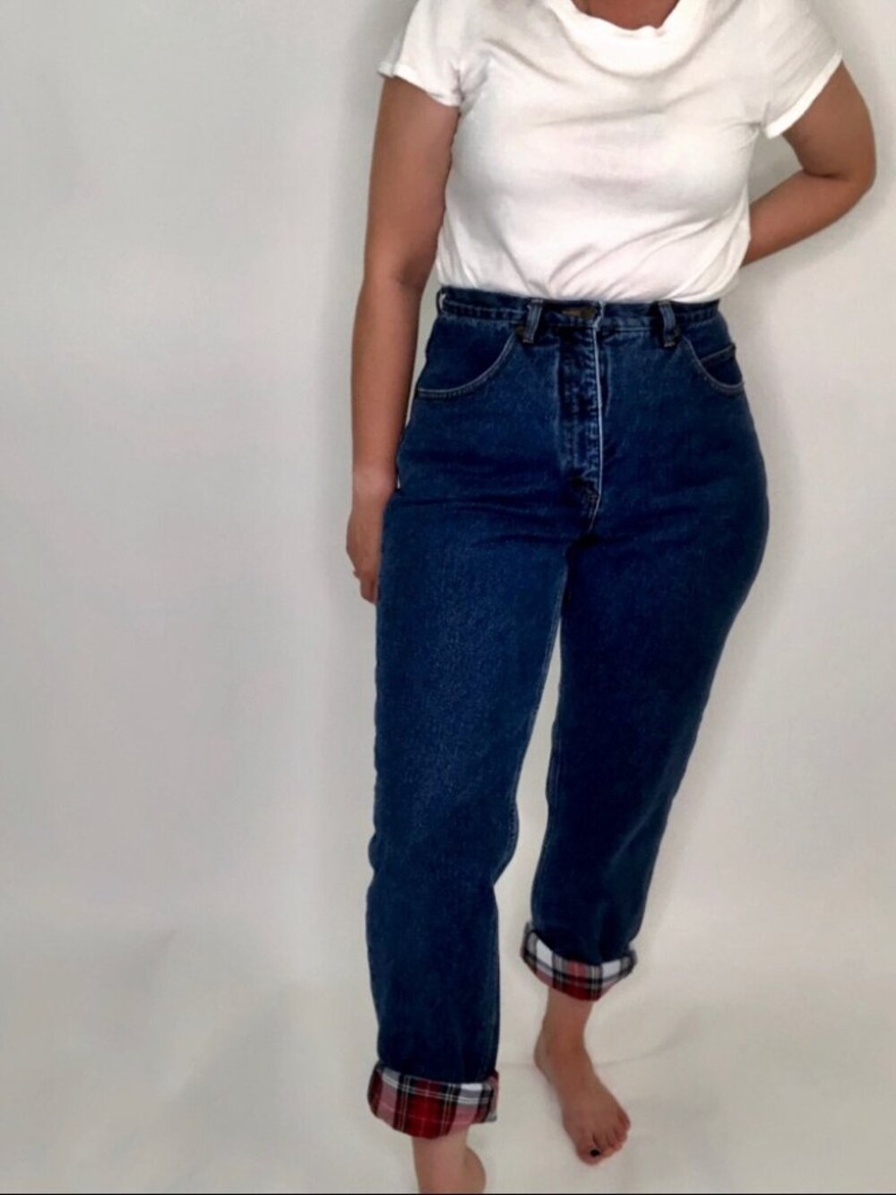 Vintage Flannel Lined MOM Jeans High Rise, Relaxed Fit, Cozy Plaid Lining, Chore